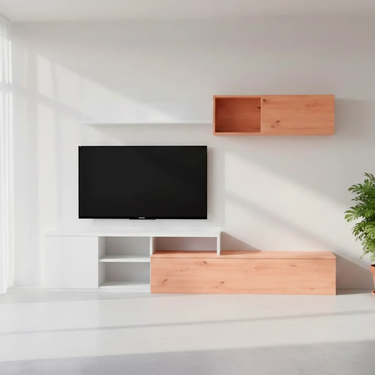 Parete Attrezzata Soggiorno Mobile TV Con Modulo Superiore E Mensola Foro Passacavi Design Moderno Per Zona Living Elegante E Funzionale 220 x 44 x 40 Cm