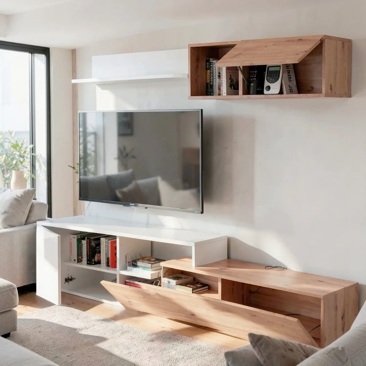 Parete Attrezzata Soggiorno Mobile TV Con Modulo Superiore E Mensola Foro Passacavi Design Moderno Per Zona Living Elegante E Funzionale 220 x 44 x 40 Cm