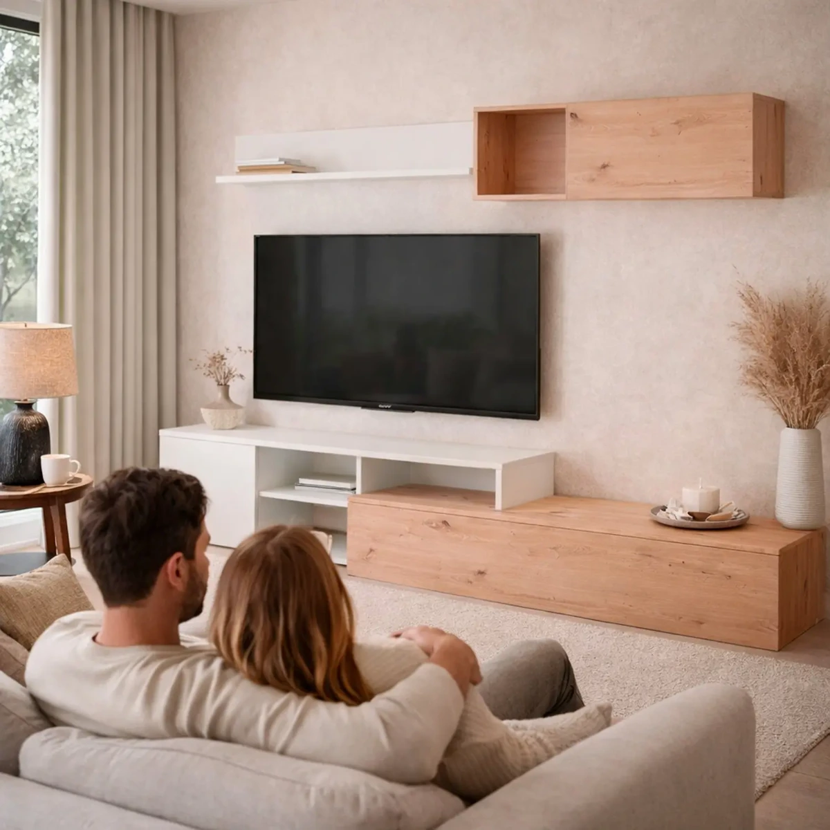 Parete Attrezzata Soggiorno Mobile TV Con Modulo Superiore E Mensola Foro Passacavi Design Moderno Per Zona Living Elegante E Funzionale 220 x 44 x 40 Cm