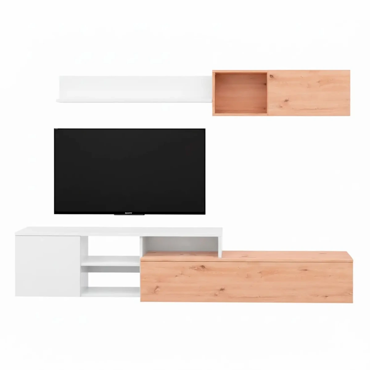Parete Attrezzata Soggiorno Mobile TV Con Modulo Superiore E Mensola Foro Passacavi Design Moderno Per Zona Living Elegante E Funzionale 220 x 44 x 40 Cm