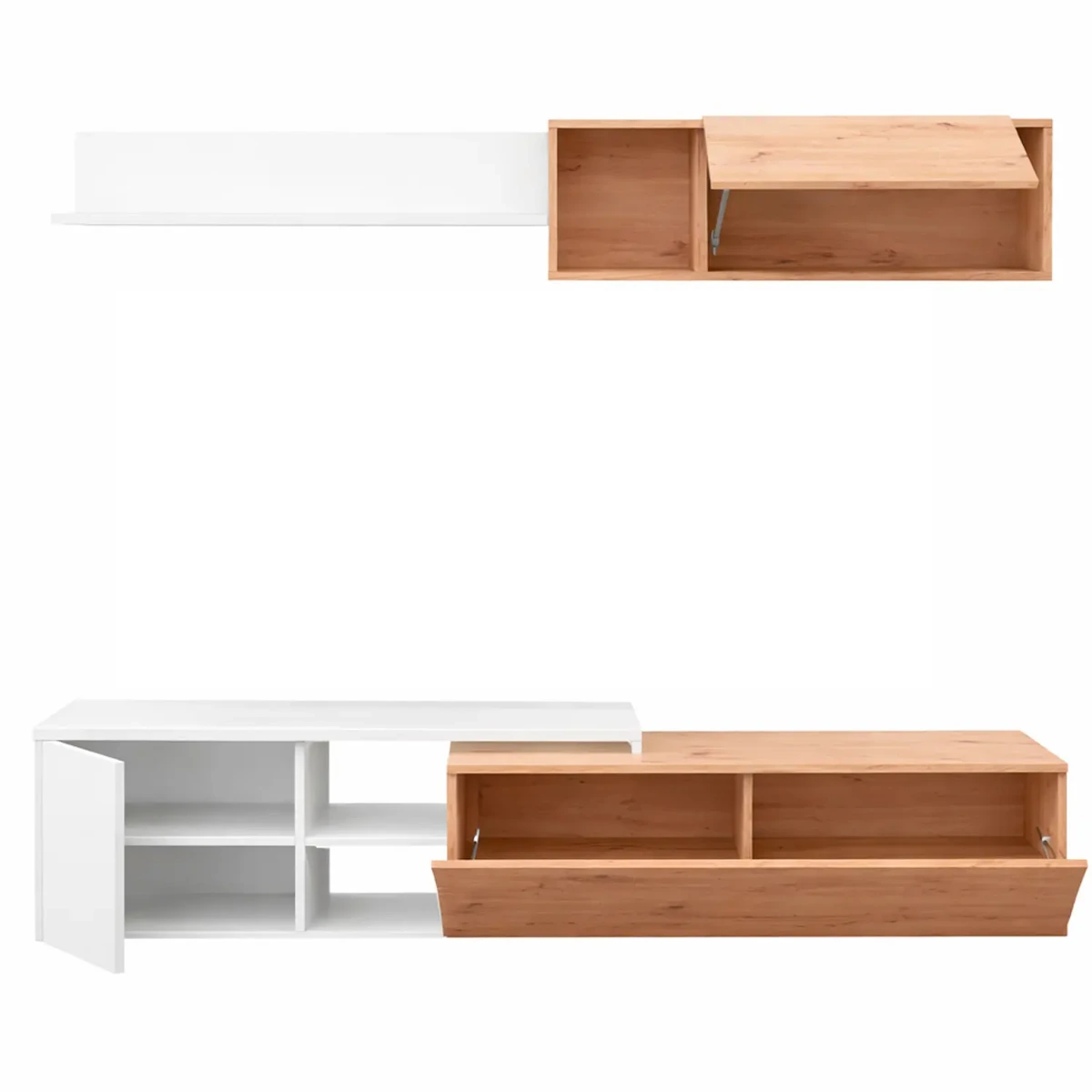 Parete Attrezzata Soggiorno Mobile TV Con Modulo Superiore E Mensola Foro Passacavi Design Moderno Per Zona Living Elegante E Funzionale 220 x 44 x 40 Cm