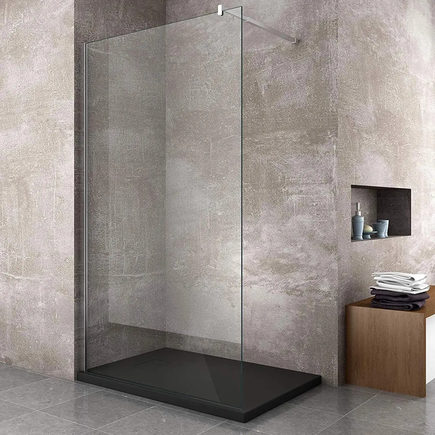 Piatto Doccia Spessore 2.6 Cm Resina SMC Effetto Pietra Stone Ardesia Antiscivolo Riducibile Filopavimento Con Griglia Di Copertura Nero 90x90 Cm