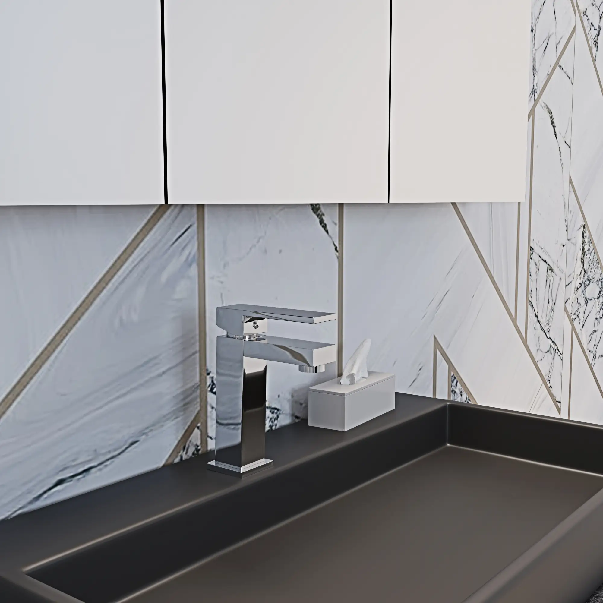 Rubinetto Bagno Miscelatore Monocomando In Ottone Cromato Design Moderno Quadrato (Lavabo)