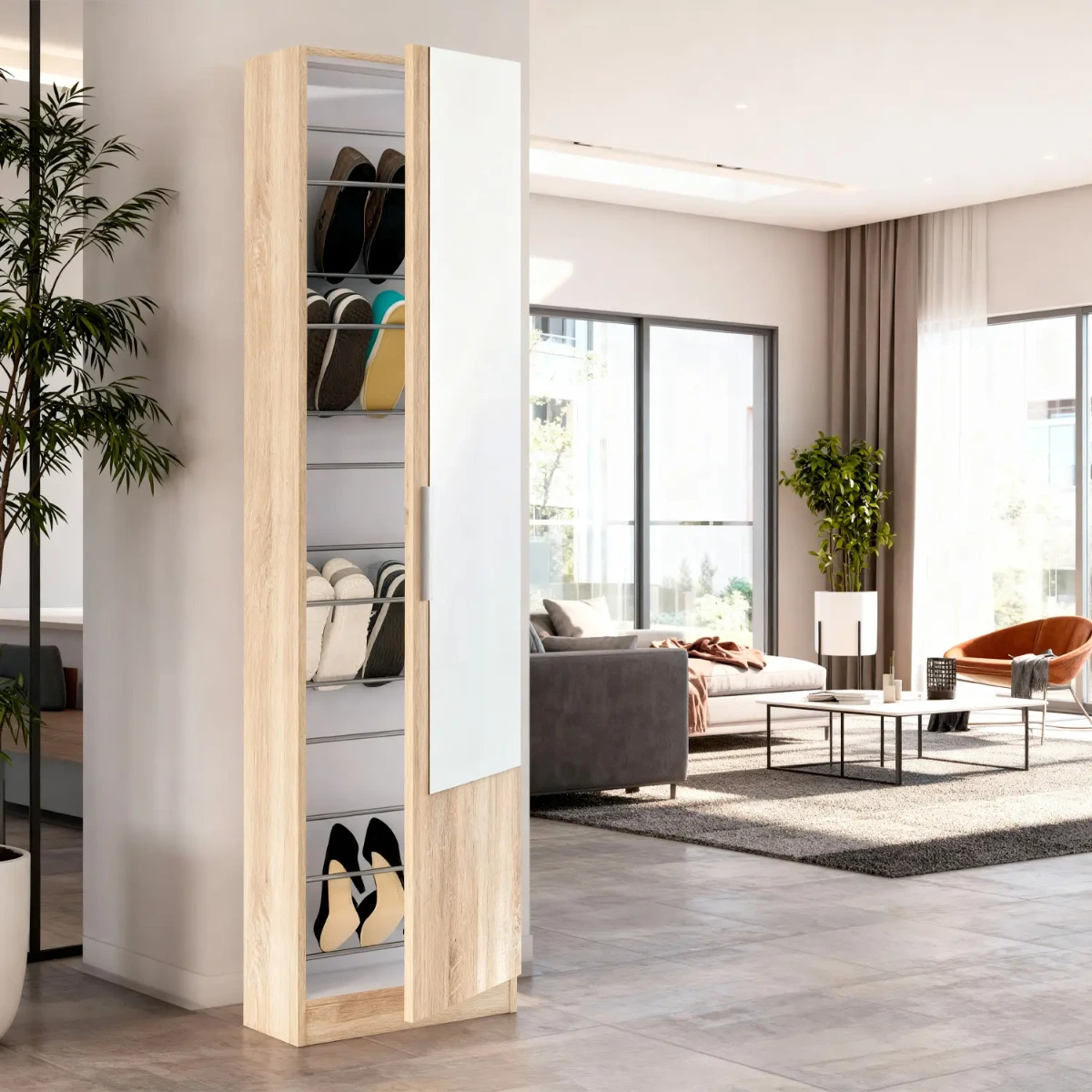 Scarpiera Armadio Portascarpe Con Specchio A Tutta Altezza Salvaspazio Mobile Verticale Per Ingresso Camera Corridoio 16 Paia di Scarpe Design Moderno 180 x 50 x 22 Cm