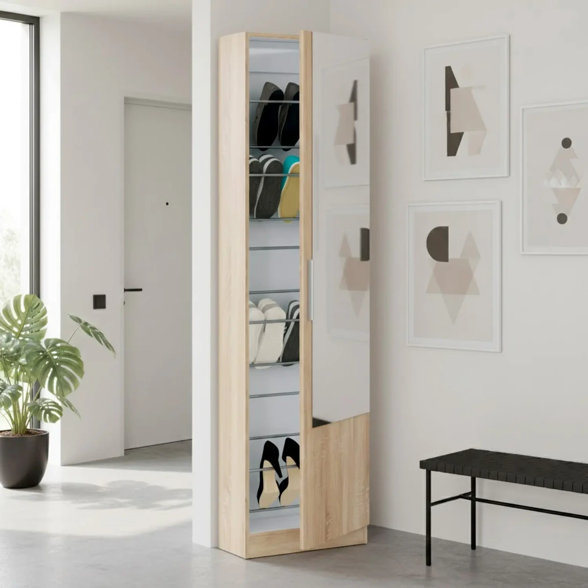 Scarpiera Armadio Portascarpe Con Specchio A Tutta Altezza Salvaspazio Mobile Verticale Per Ingresso Camera Corridoio 16 Paia di Scarpe Design Moderno 180 x 50 x 22 Cm