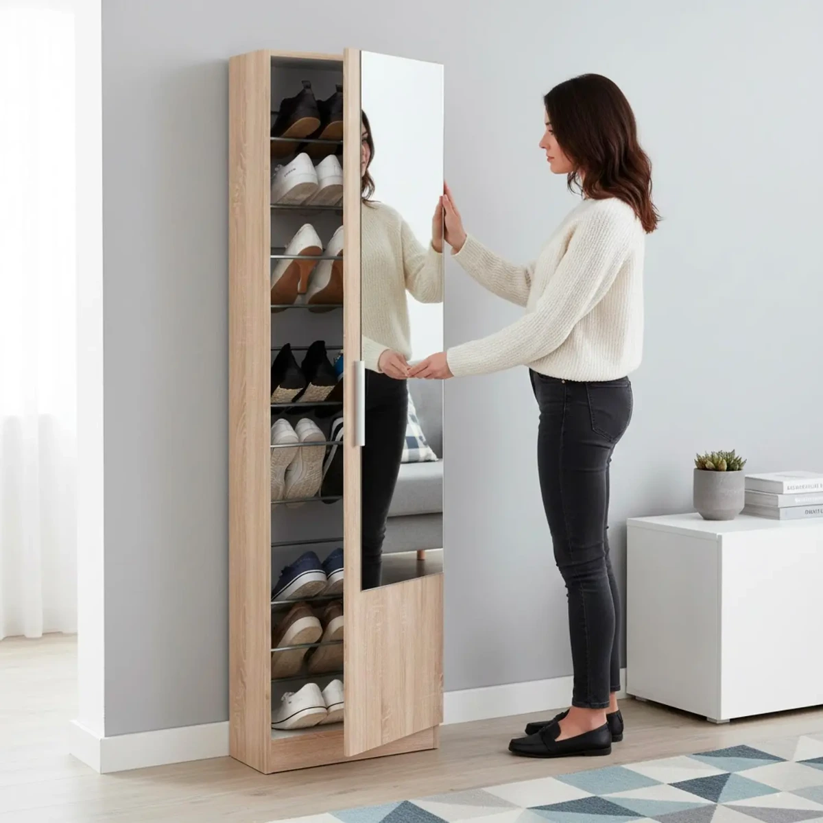 Scarpiera Armadio Portascarpe Con Specchio A Tutta Altezza Salvaspazio Mobile Verticale Per Ingresso Camera Corridoio 16 Paia di Scarpe Design Moderno 180 x 50 x 22 Cm
