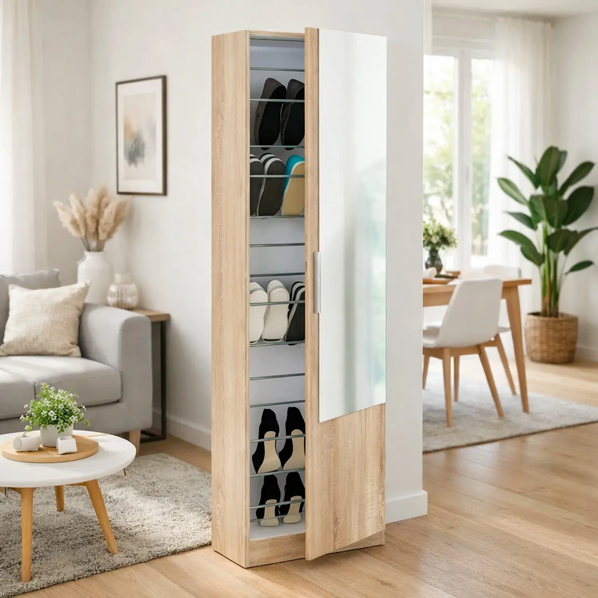 Scarpiera Armadio Portascarpe Con Specchio A Tutta Altezza Salvaspazio Mobile Verticale Per Ingresso Camera Corridoio 16 Paia di Scarpe Design Moderno 180 x 50 x 22 Cm