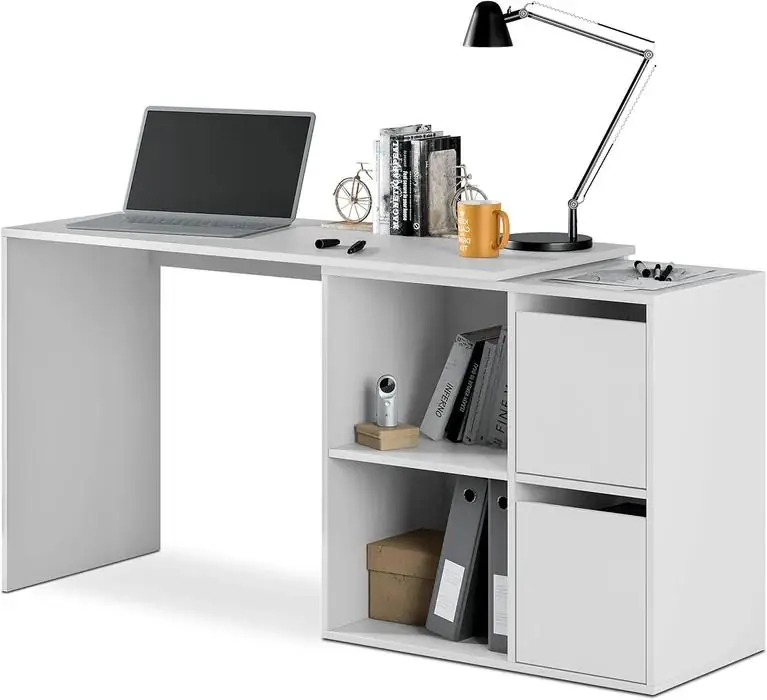 Scrivania Multiposizione Angolare O Dritta Reversibile Con 4 Ripiani Chiusi Vani A Giorno Ufficio Studio Casa Gaming Design Moderno Minimal 152 x 49 x 74 Cm Bianco