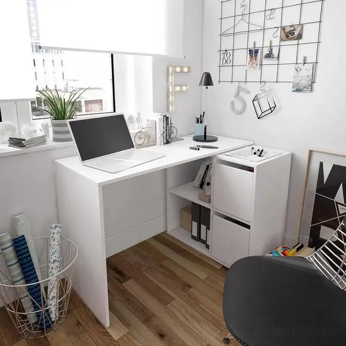 Scrivania Multiposizione Angolare O Dritta Reversibile Con 4 Ripiani Chiusi Vani A Giorno Ufficio Studio Casa Gaming Design Moderno Minimal 152 x 49 x 74 Cm Bianco