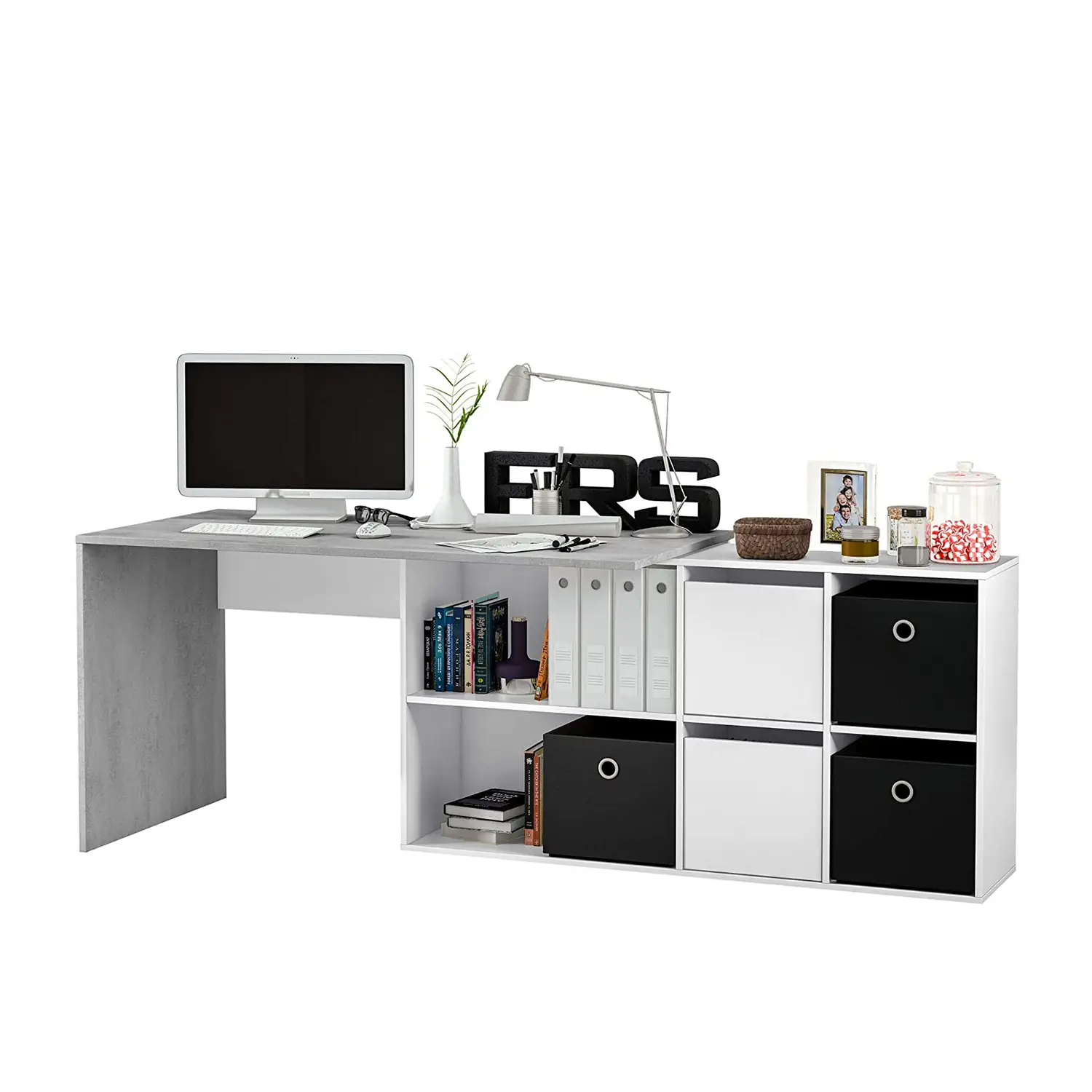 Scrivania Multiposizione con Scompartimenti Murcia Scrittoio Mobile per Computer Desk da Ufficio Soggiorno Sala da Pranzo 136 x 74 x 66 cm Colore Bianco Lucido E Grigio Cemento