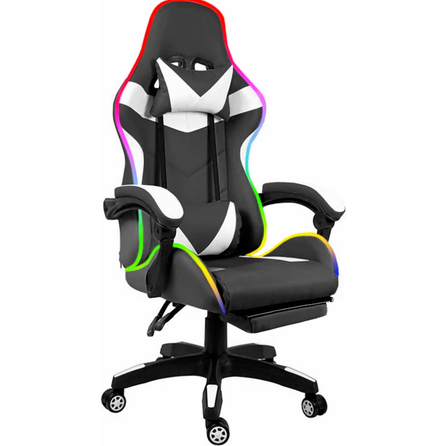 Sedia Gaming Con LED RGB e Telecomando Poltrona Ufficio Scrivania Casa PC Stile Racing Girevole Ergonomica In Ecopelle Cuscino Supporto Lombare Poggiapiedi Poggiatesta Braccioli (Nero e Bianco)