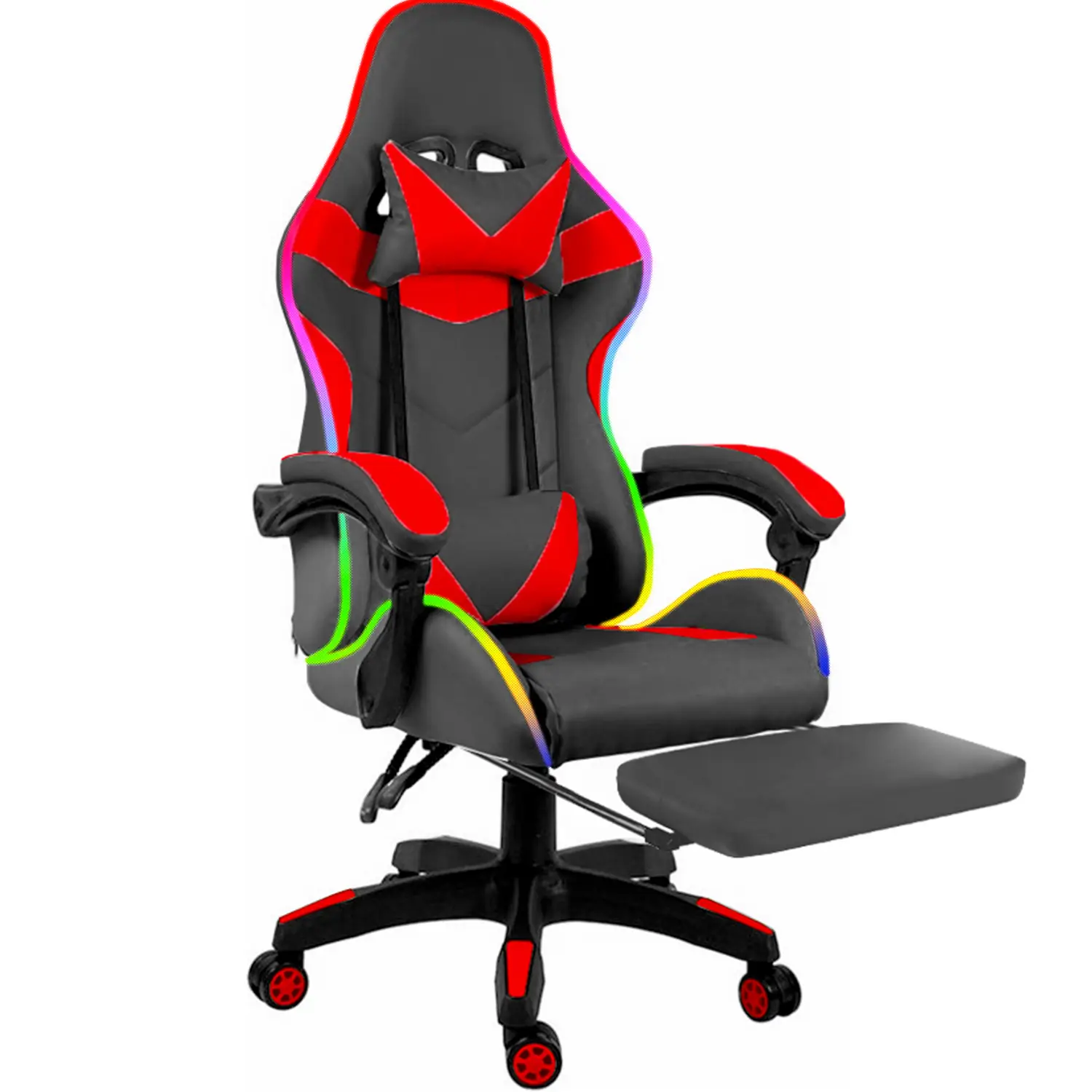 Sedia Gaming Con LED RGB e Telecomando Poltrona Ufficio Scrivania Casa PC Stile Racing Girevole Ergonomica In Ecopelle Cuscino Supporto Lombare Poggiapiedi Poggiatesta Braccioli (Nero e Rosso)
