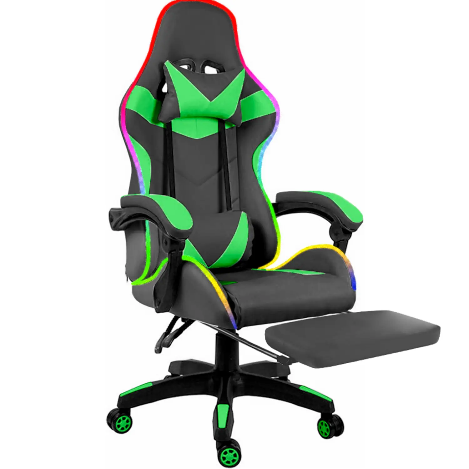 Sedia Gaming Con LED RGB e Telecomando Poltrona Ufficio Scrivania Casa PC Stile Racing Girevole Ergonomica In Ecopelle Cuscino Supporto Lombare Poggiapiedi Poggiatesta Braccioli (Nero e Verde)