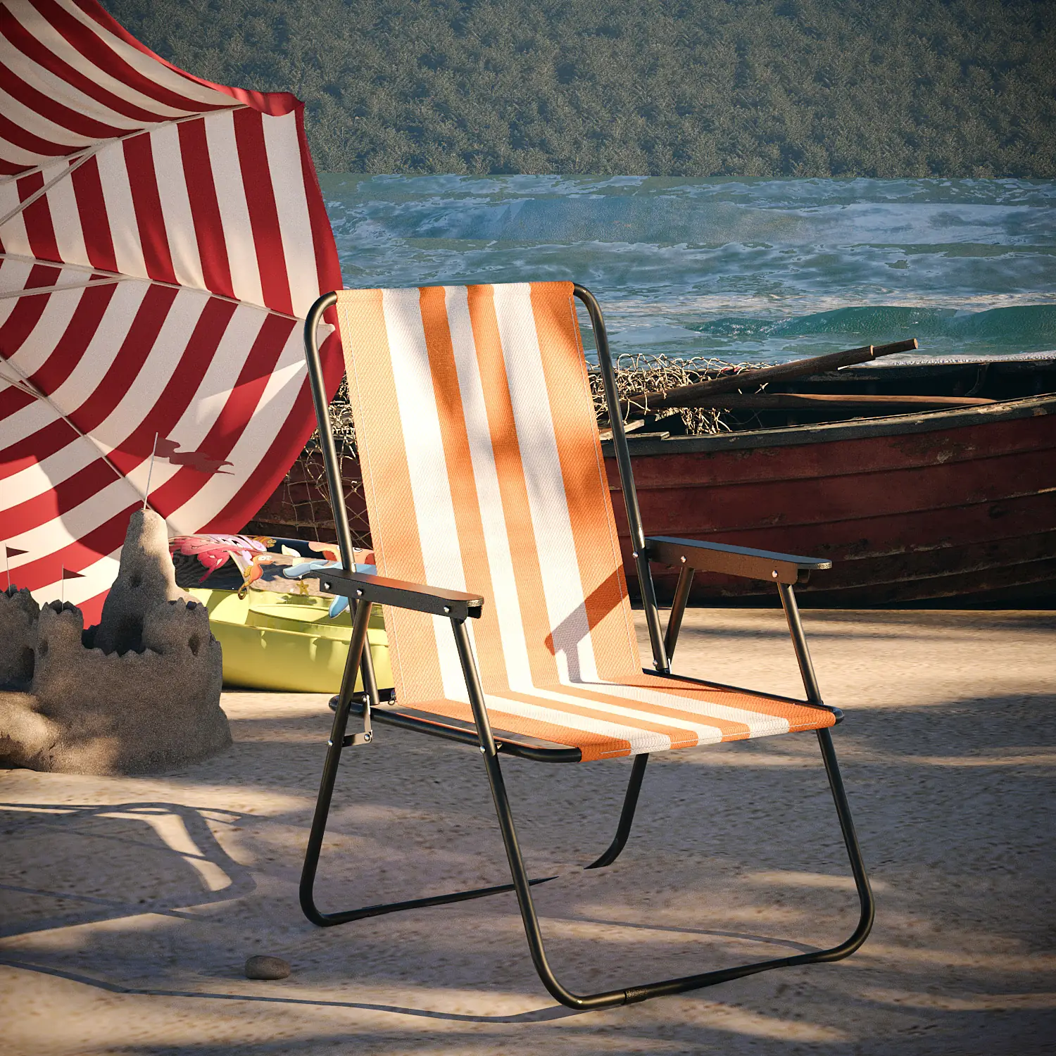 Sedia Pieghevole Da Spiaggia Campeggio Camping Leggera E Resistente In Metallo In Tessuto Oxford 600D Con Braccioli Seggiola Pesca Giardino Terrazzo Balcone Esterno (Strisce Arancione)