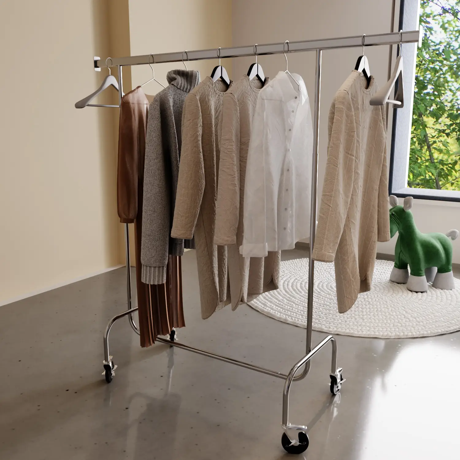 Set da 2 Stand Stender Appendiabiti in Acciaio Cromato Carrello con Ruote per Abiti 100 X 150 Cm