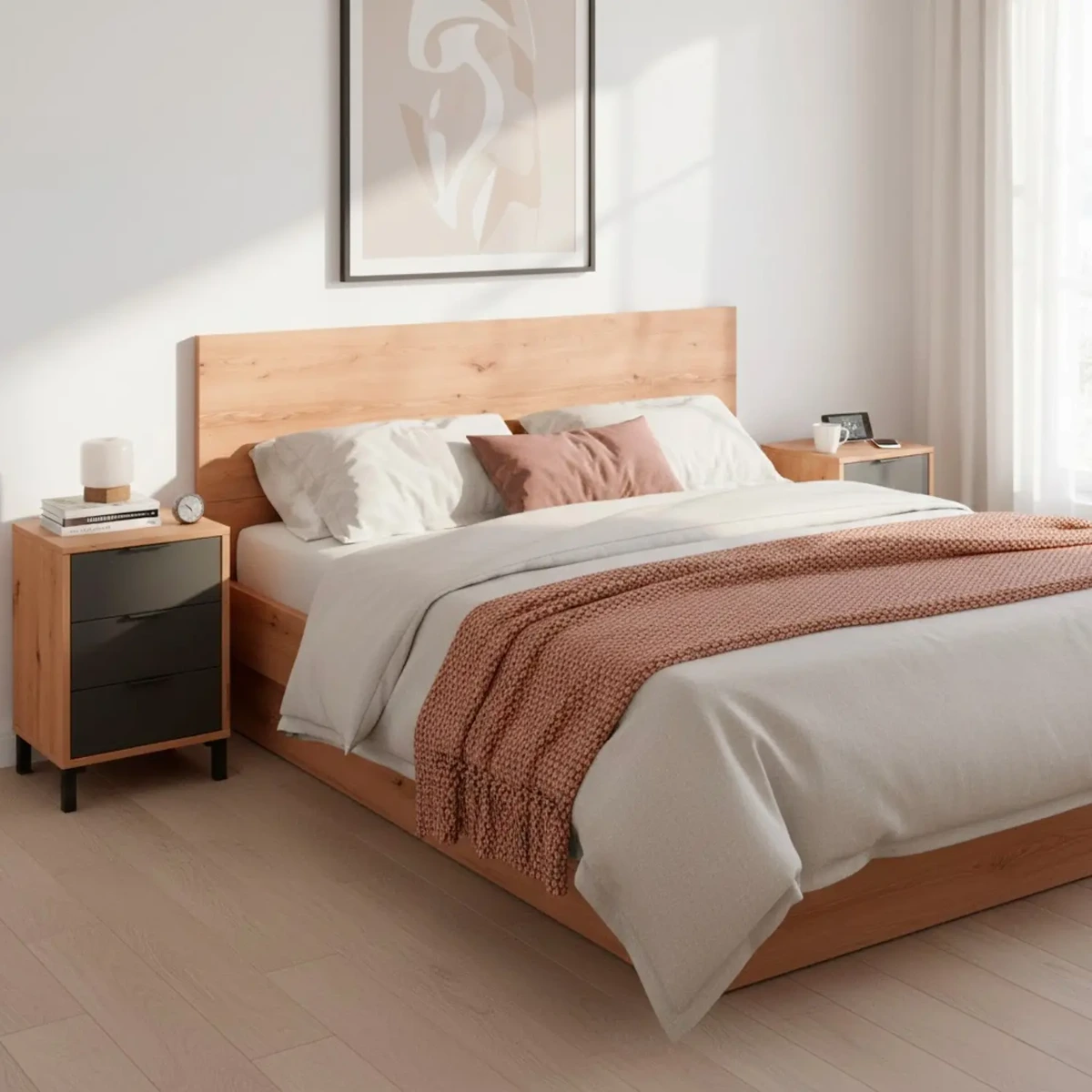 Set Testiera Letto Matrimoniale Con 2 Comodini Design Moderno Per Letti 135 E 150 cm Con Cassetti Per Camera Da Letto Cameretta Design Moderno Karbala 60 x 160 x 2,5 Cm-Rovere e Grigio antracite