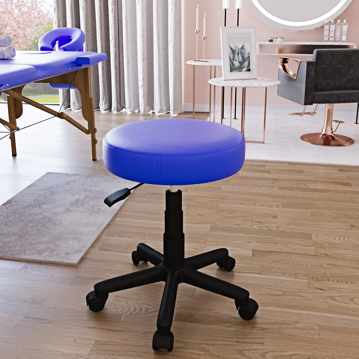 Sgabello Da Estetista Rotondo Con Ruote Sgabelli Manicure Pedicure Massaggio Fisioterapia Tatuaggi Sedia Girevole In Ecopelle Seduta Imbottita Altezza Regolabile da 44 a 56 Cm (Blu)