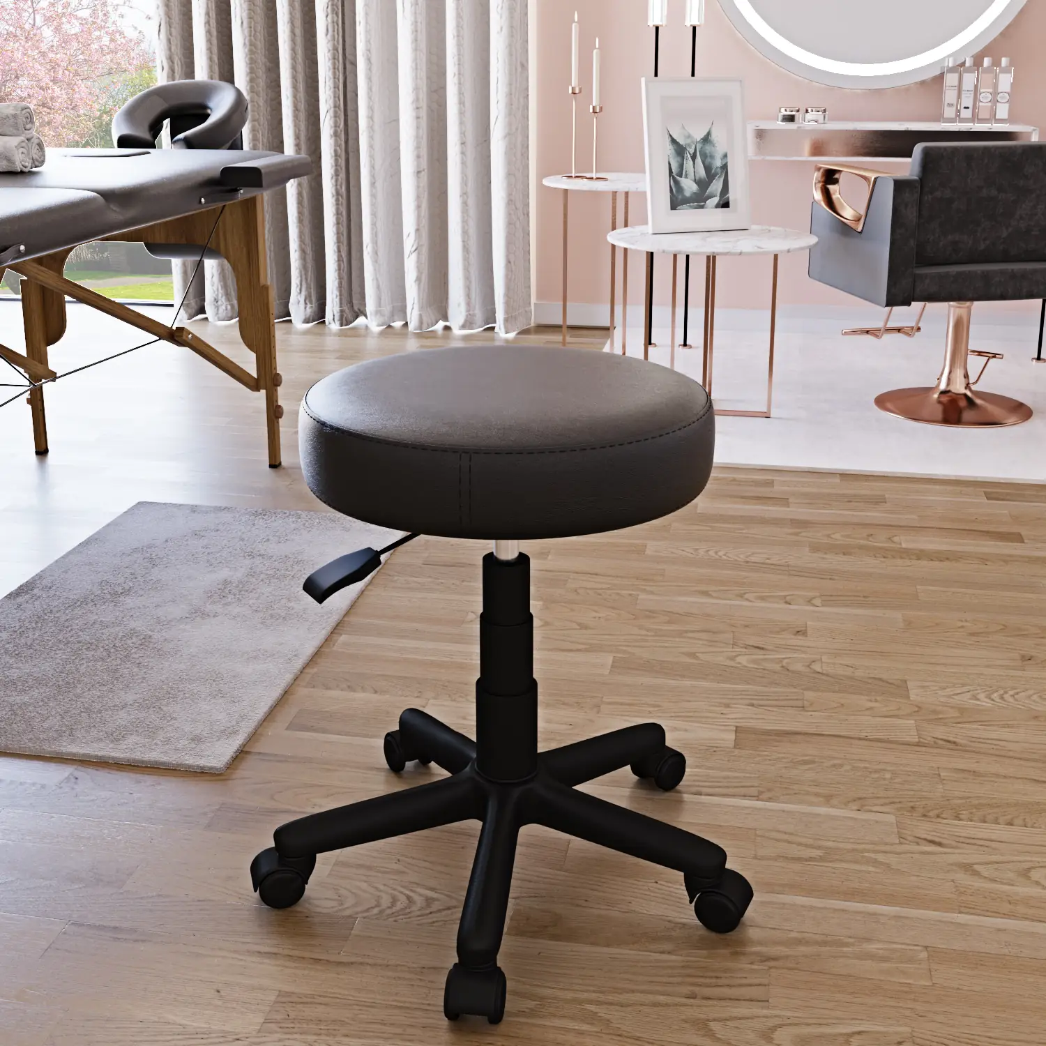 Sgabello Da Estetista Rotondo Con Ruote Sgabelli Manicure Pedicure Massaggio Fisioterapia Tatuaggi Sedia Girevole In Ecopelle Seduta Imbottita Altezza Regolabile da 44 a 56 Cm (Nero)