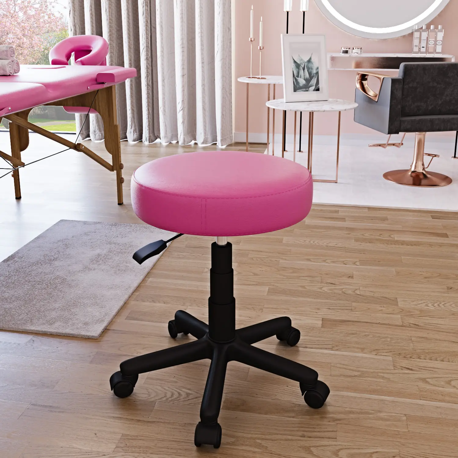 Sgabello Da Estetista Rotondo Con Ruote Sgabelli Manicure Pedicure Massaggio Fisioterapia Tatuaggi Sedia Girevole In Ecopelle Seduta Imbottita Altezza Regolabile da 44 a 56 Cm (Rosa)