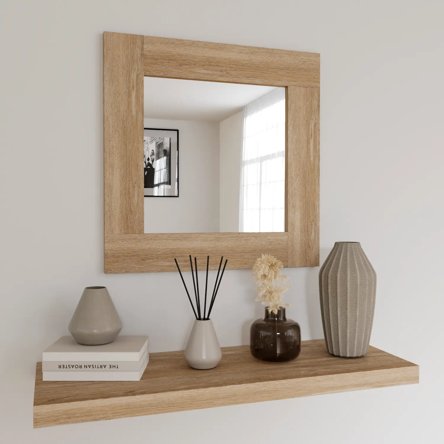 Specchio Quadrato Da Parete Specchiera In Vetro Con Cornice In Legno Per Soggiorno Ingresso Salotto Sala Da Pranzo Studio Design Moderno Ed Elegante 73 x 73 x 2 cm (Quercia)