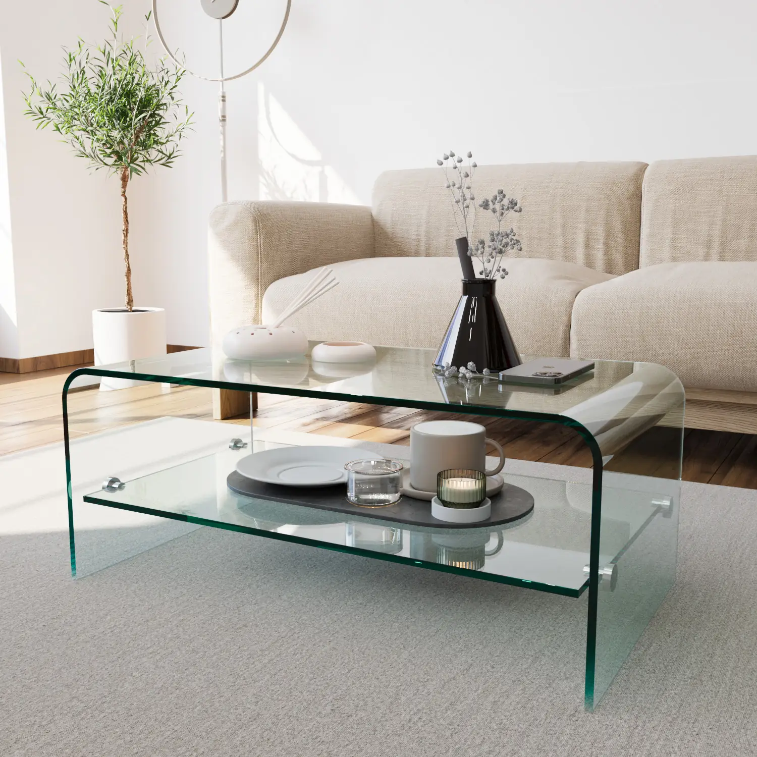 Tavolino Basso in Vetro con Ripiano Portaoggetti Salotto Soggiorno Sala da Pranzo Cubo Design Minimal Moderno Elegante Arredo Arredamento Luxury Z-87, 50 x 45 x 33 Cm