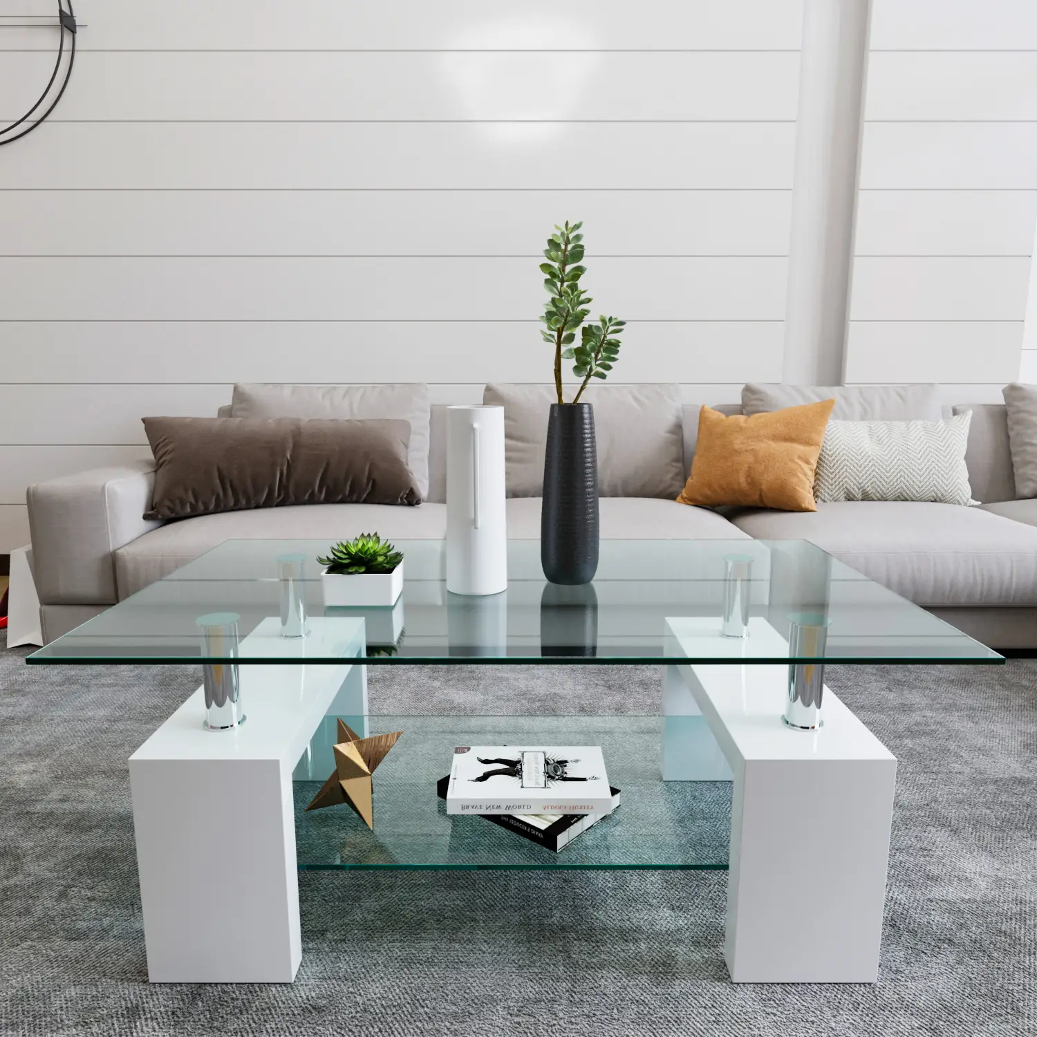 Tavolino Basso Rettangolare Salotto In Vetro E Legno MDF Per Soggiorno Salone Sala Da Pranzo Tavolo Da Caffè Con Ripiano Moderno Ed Elegante Bianco 100 x 60 x 45 cm