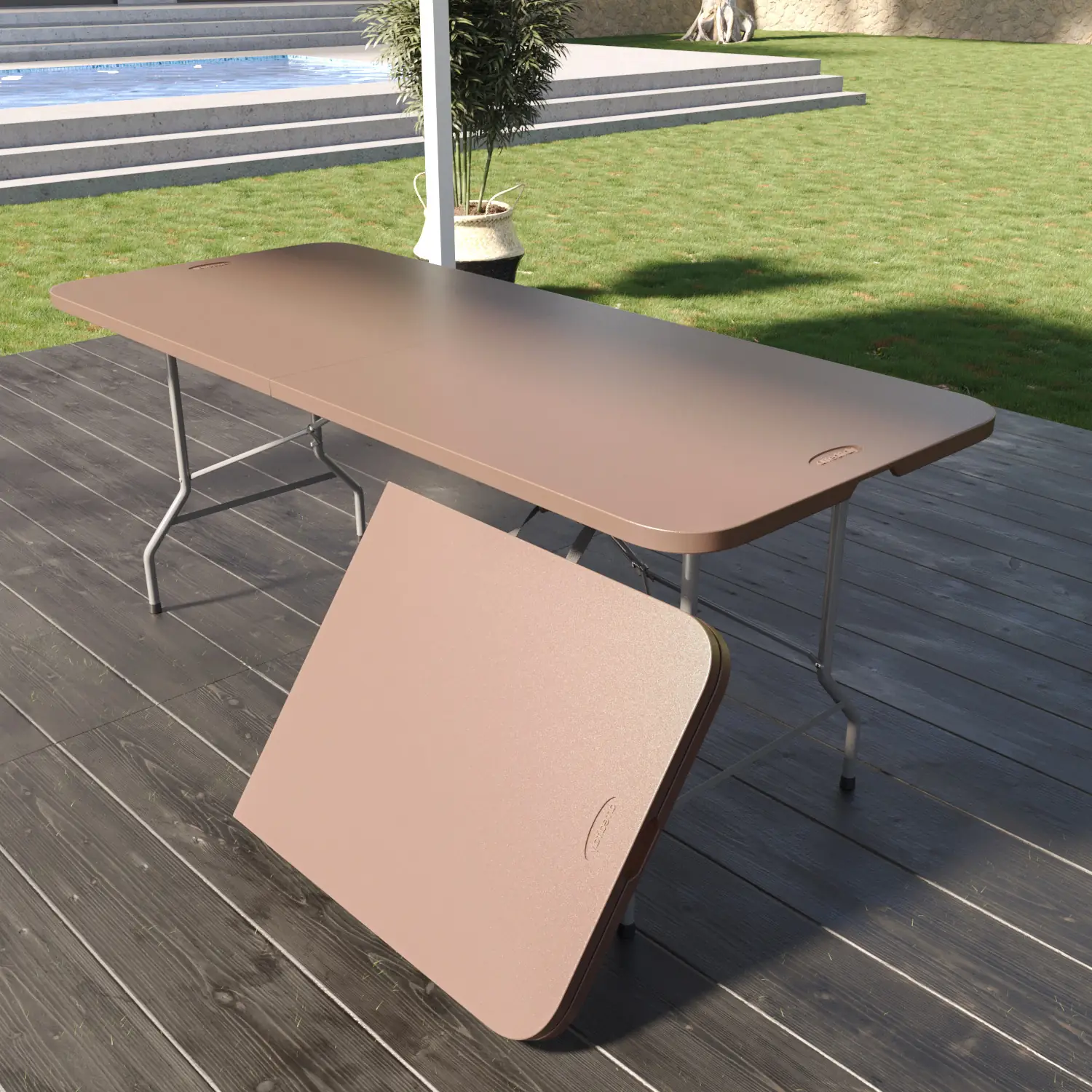 Tavolo Tavolino Pieghevole In Dura Resina Set Birreria Facile Trasporto Con Maniglie Ideale Per Giardino Campeggio Terrazzo Fiere Sagre 180 x 74 x 74 cm Colore Marrone