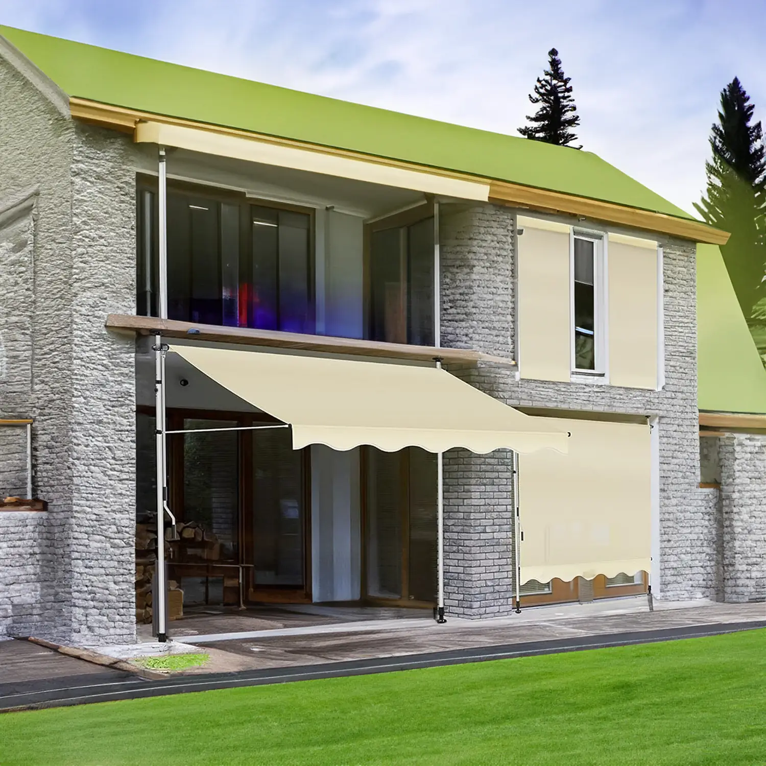 Tenda Da Sole a Morsetto Con Manovella Telo Regolabile Impermeabile Avvolgibile A Bracci Per Balcone Terrazzo Parasole Resistente Ai Raggi UV Telaio Telescopico Senza Foratura Beige (350 x 120 Cm)