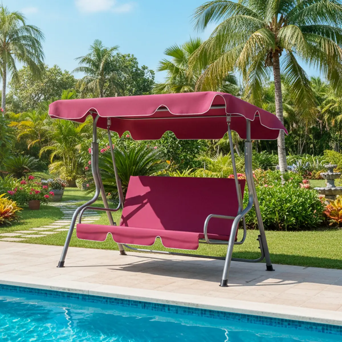 Dondolo 3 Posti Alentejo Con Tettuccio Parasole Regolabile Cuscini Imbottiti Struttura Robusta In Acciaio Verniciato Da Giardino Esterno Balcone Terrazzo 170 x 110 x 153 cm (Bordeaux)