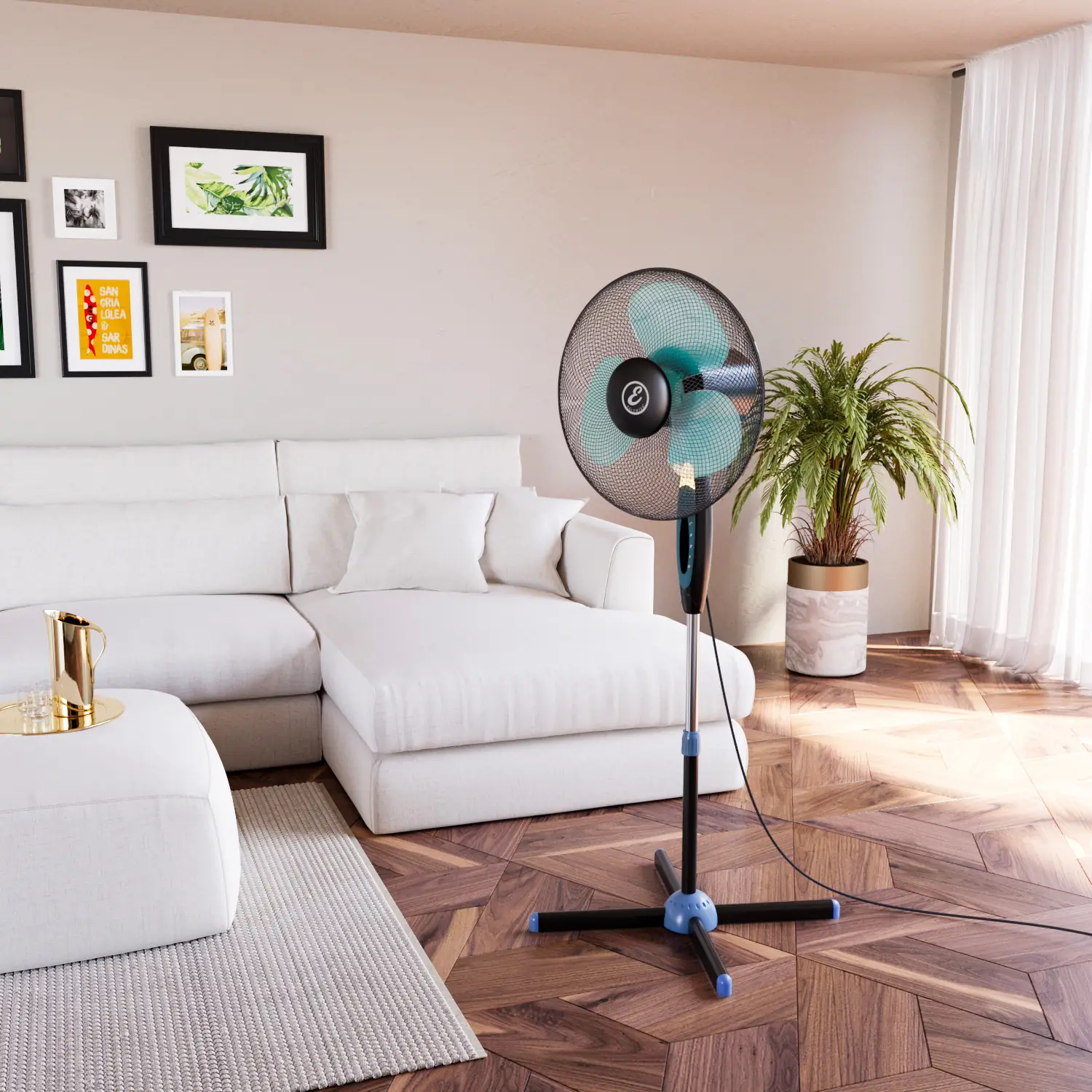 Ventilatore A Piantana Potente Da 50W In Metallo E ABS Per Pavimento 3 Pale Da 40 Cm Silenzioso 3 Velocità Oscillante Altezza e Inclinazione Regolabili Griglia Di Protezione Colore Nero e Azzurro